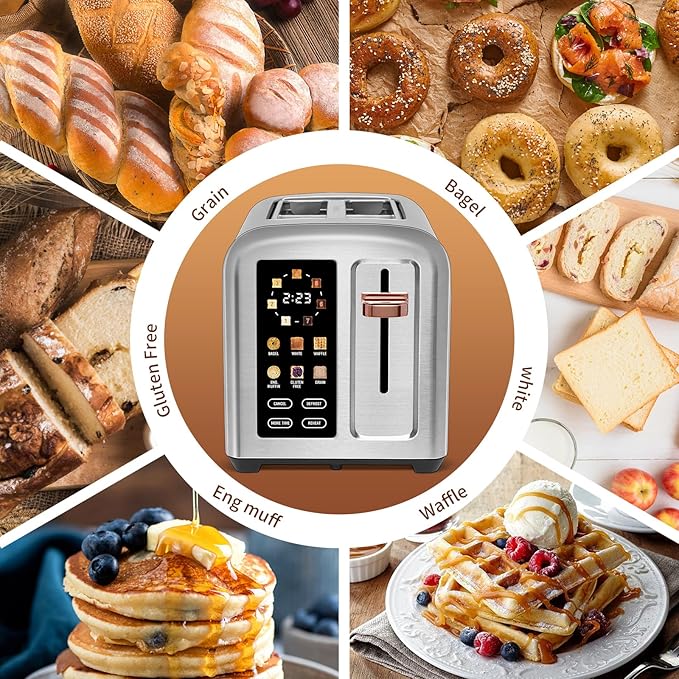 SEEDEEM Toaster 2 Slice Touch Control Stainless Toaster LCD Display 50% Faster Heating Speed 1.4'' Wide Slots More Timer Functions Removable Crumb Tray 1350W Silver Metallic