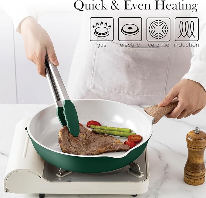 Country Kitchen Pots and Pans Set Nonstick Cast Aluminum Kitchen Cookware Set with Utensils 14 Pcs Non Stick Cooking Set w/Frying Pans &amp Saucepans Sage