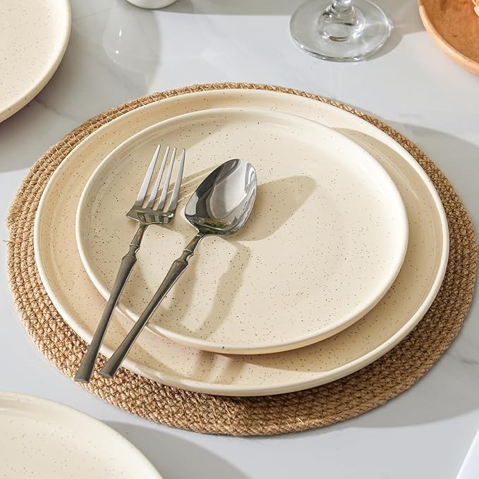 GZG Ceramic Dinner Salad Plates Set of 4 8 Inch Speckled Dinnerware Dessert Plates with Clay-Tone Base Microwave Oven Dishwasher Safe