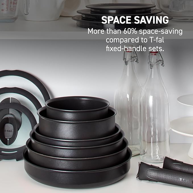 T-fal Ingenio Expertise Non Stick Cookware Set 14 Piece Induction Oven Broiler Safe 500F Cookware Pots and Pans Set RV Camping Frying Pans Dishwasher Safe Detachable/Removable Handle Green