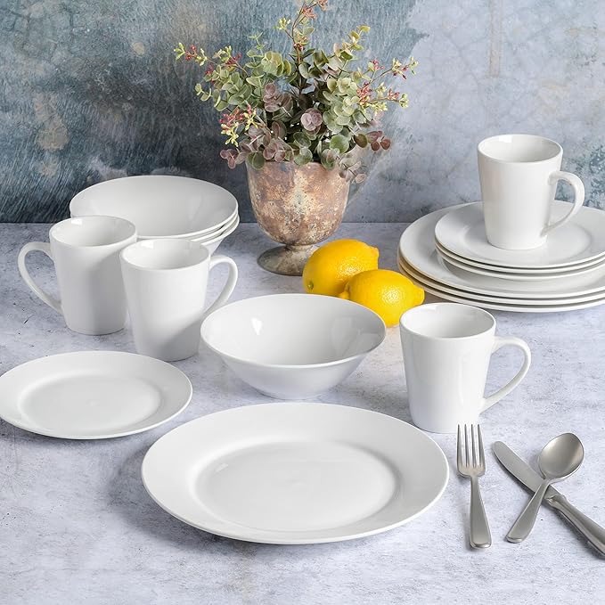 Gibson Home Amelia Court Porcelain Chip and Scratch Resistant Dinnerware Set Service for 4 (16pcs) White (Round)