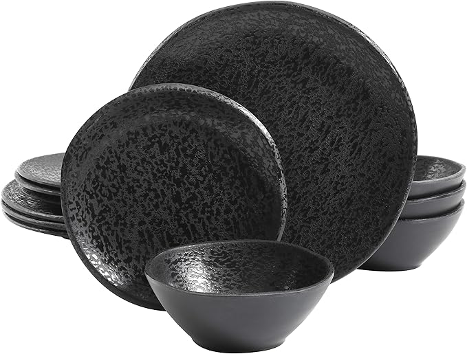 Gibson Home Yoko Round Melamine Plastic Dinnerware Set Service for Four (12pcs) Matte Black
