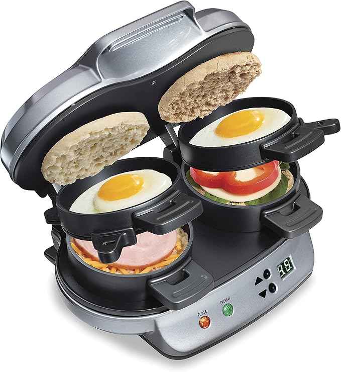 Hamilton Beach Digital Electric Food Steamer &amp Rice Cooker for Quick Healthy Cooking for Vegetables and Seafood &amp Dual Breakfast Sandwich Maker with Timer Silver (25490A)