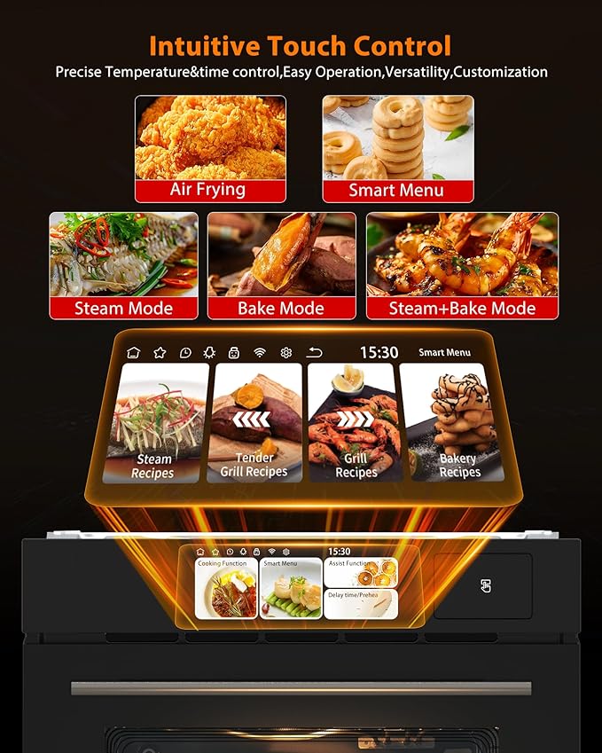 24 Built-in Electric Oven - Single Wall Convection Design 3000W 2.5Cu.ft Capacity 8 Cooking Modes Stainless Steel Colorful Touch Screen Transparent Viewing Window Black
