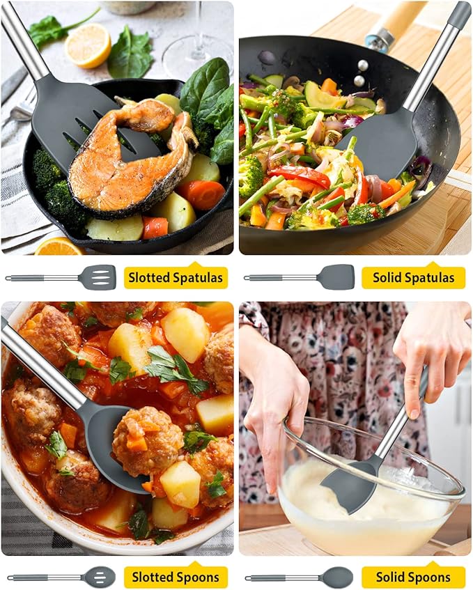 Pack of 4 Silicone Cooking Utensils Set Non Stick Large Solid Spatulas Heat Resistant Gray Slotted Spoons Ideal BPA Free Kitchen Turners for Frying MixingServingDrainingTurningStirring