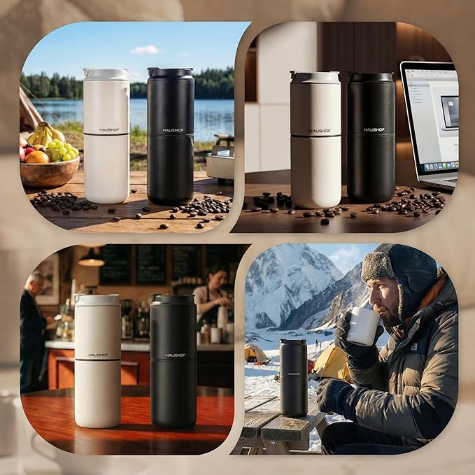 HAUSHOF Portable Coffee Maker Travel Coffee Maker Battery Operated Small Pour Over Set Compact Coffee Maker with Electric Grinder &amp Insulated Mug for Travel Camping Car