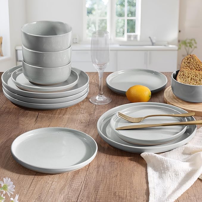 HaWare Dinnerware Sets 16-Piece Stoneware Plates and Bowls Set for 4 Ceramic Dish Set for Home Restaurant Chip and Scratch Resistant Microwave and Dishwasher Safe Speckled Misty Grey
