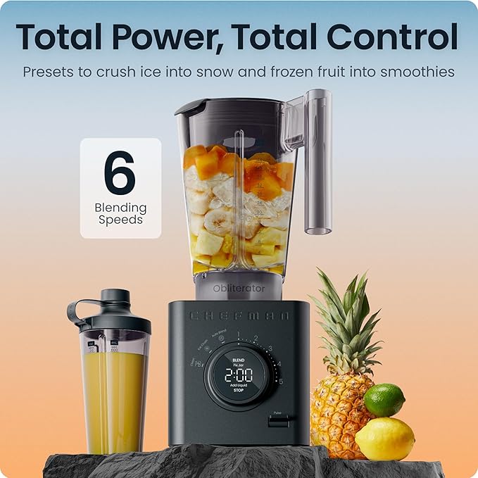 Chefman Obliterator 48 oz Countertop Blender for Smoothies 1380W Motor to Crush Ice Nuts and Frozen Fruit with Stainless Steel Blade Auto Blend Function Includes 20 oz Travel Jar