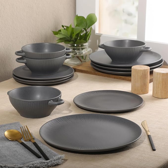 Gibson Elite Clover Hill 12-Piece Stoneware Dinnerware Set – Dark Blue Embossed Plates and Bowls with Matte Speckled Reactive Glaze Service for 4 – Microwave &amp Dishwasher Safe
