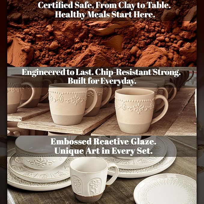 Artena Plates And Bowls Sets 16 Pieces Dinnerware Sets Dish Set For 4 Ceramic Kitchen Bowl And Plate Set Embossed White Dishware Sets Dishwasher &amp Microwave Safe (Multiple Patterns) (With Mug
