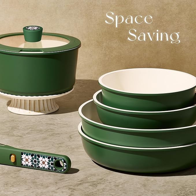 CAROTE 19Pcs Ceramic Cookware Set Pots and Pans Set Non stick Non Toxic Cookware Detachable Handle Kitchen Cooking Set - Induction Cookware Dishwasher/Oven Safe PFAS Free Green