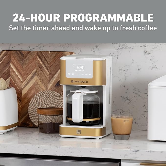 West Bend Timeless 12-Cup Programmable Coffee Maker with Brew Strength Selector for Hot and Iced Coffee Includes 1-4 Cup Brew Option and Permanent Filter