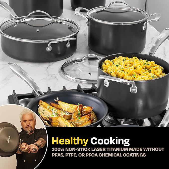 Guy Fieri's Flavortown Laser Titanium 12 Piece Set - Non-stick Cookware Set Without PFAS PTFE or PFOA 3x More Durable Dishwasher Safe Oven Safe