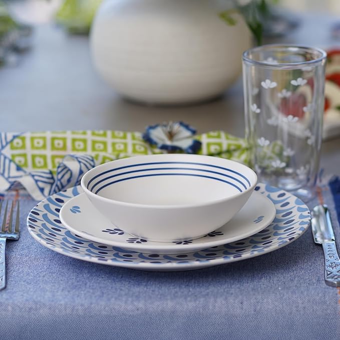 TervisHome Melamine - 12-Piece Dinnerware Set | MediterraBlue Collection | Durable Stoneware-like Quality Dishwasher Safe Perfect for Indoor and Outdoor Use