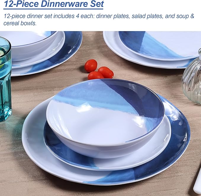 Webbylee Melamine Dinnerware Set for 4-12pcs Melamine Plates and Bowls Set for Indoor/Outdoor Use Scratch-Resistant Dish SetLightweight&ampDishwasher Safe Blue Dinnerware