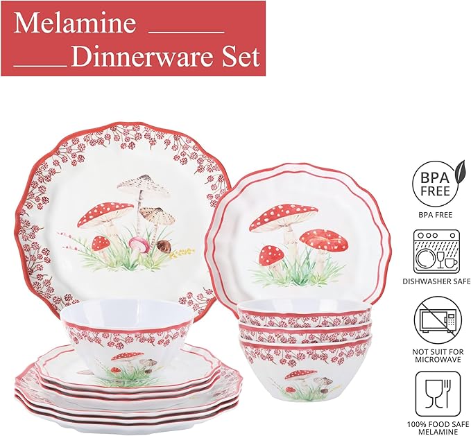 UPware 12 Piece Mushroom Melamine Dinnerware Sets Outdoor Dishes Set Plates and Bowls Sets Service for 4 Red