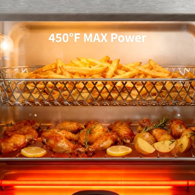 25QT Air Fryer Toaster Oven Combo 12-in-1 Large Convection Airfryer Oven with 70–450℉ Temperature Control &amp 60-Minute Timer Bake Roast &amp Broil Fits 12″ Pizza(Silver)