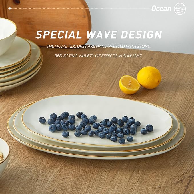 Famiware Milkyway Plates and Bowls Sets + 3 Pcs Ocean Oval Serving Platter 15-Piece Dinnerware Sets for 4 White