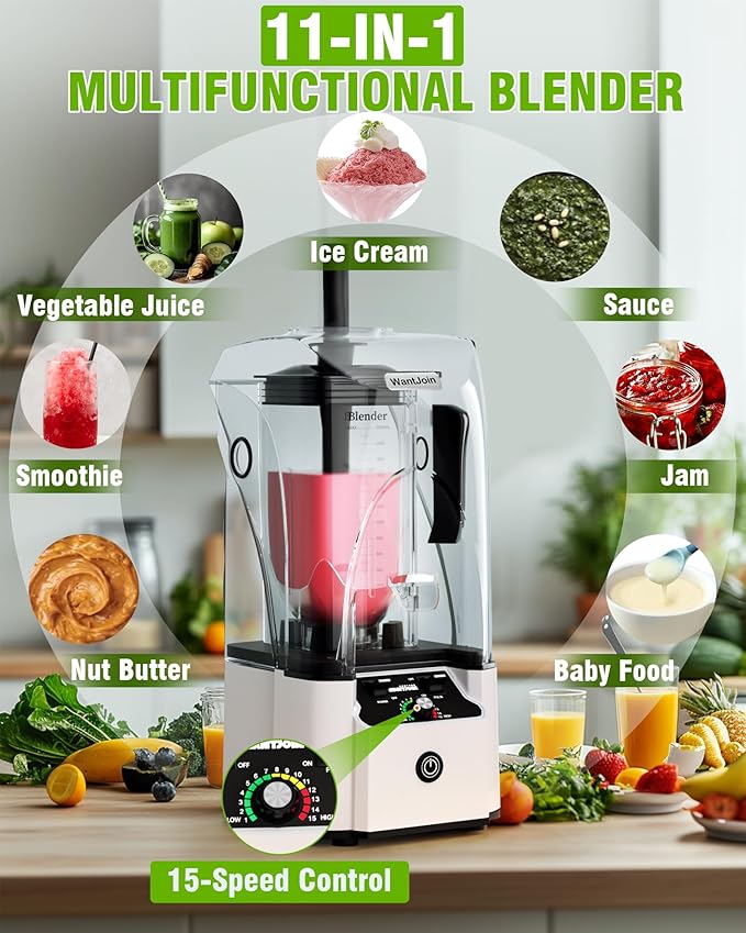 WantJoin Quiet Blender - Kitchen Blender with Soundproof 2.5 HP Copper Motor 80oz Jar Multifunctional Silent Blenders for Smoothies Juice Soups Sauce w/ 15 Speeds Stainless Steel 6-blade Combo