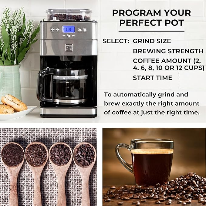 Kenmore Elite Grind and Brew Coffee Maker with Built‑In Burr Grinder Automatic Drip Machine 12‑Cup Programmable Brewer Bean‑to‑Cup Cafetera Stainless Steel Coffee Maker for Home &amp Office