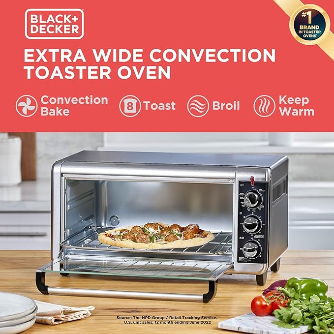 BLACK+DECKER TO3250XSBD 8-Slice Extra Wide Convection Countertop Toaster Oven Includes Bake Pan Broil Rack &amp Toasting Rack Stainless Steel/Black