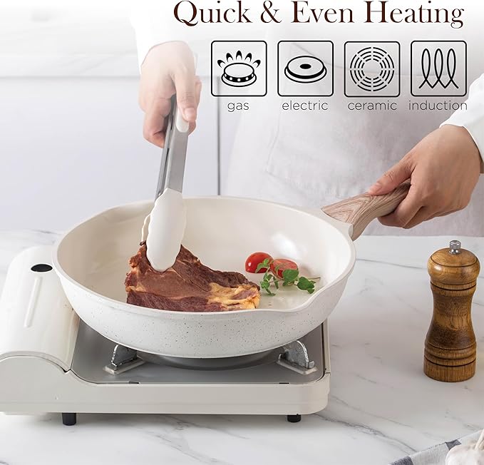 Country Kitchen Pots and Pans Set Nonstick Cast Aluminum Kitchen Cookware Set with Utensils 14 Pcs Non Stick Cooking Set w/Frying Pans &amp Saucepans Cream
