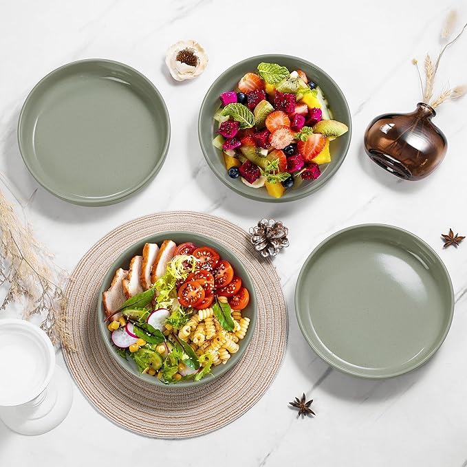HaWare Dinnerware Sets 28 Pieces Stoneware Plates and Bowls Set Ceramic Dish Set for Home Restaurant Chip and Scratch Resistant Microwave &amp Dishwasher Safe Speckled Asparagus Green