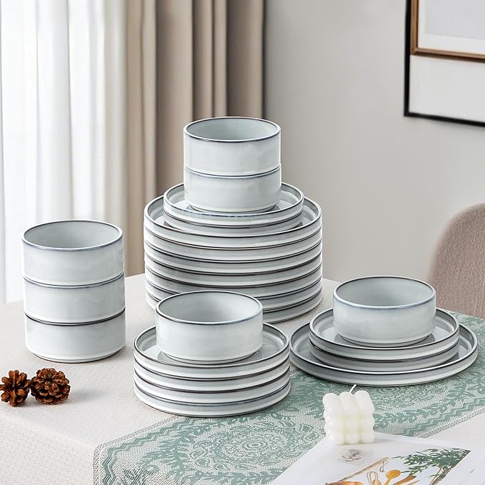 LIANYU Plates and Bowls Dinnerware Sets for 8 24 Piece Stoneware Tableware Dishes Set Includes Dinner Dessert Plate Cereal Bowl Rustic Terracotta Underside Dishwasher &amp Microwave Safe Lucent W