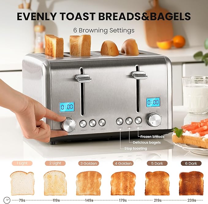 Roter Mond Countdown Stainless Steel 4 Slice Toaster with Bagel Defrost Cancel Function Dual Toaster Extra Wide Slots 6 Shade Settings Removable Crumb Trays 1650W