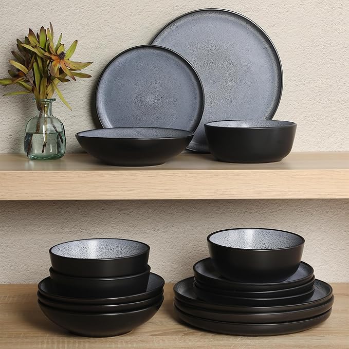 Gibson Elite Tribeca Loft 16-Piece Dinnerware Set – Matte Black and Blue Reactive Glaze Stoneware Double Bowl Round Plates and Bowls – Modern Rustic Dinnerware for 4 Dishwasher &amp Microwave Safe