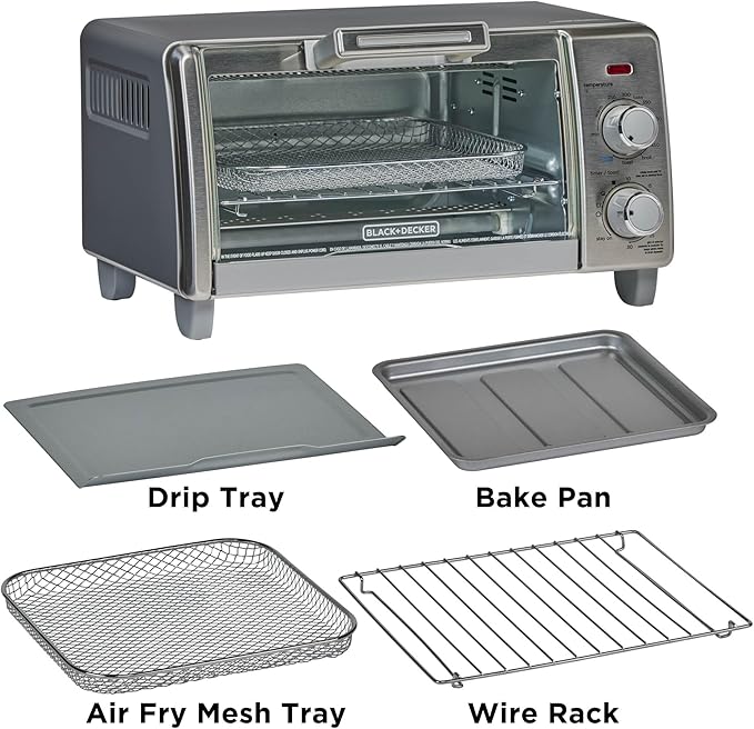 BLACK+DECKER Crisp 'N Bake Air Fry Countertop Convection Toaster Oven Medium Capacity 4-Slice 5-in-1 Fits 9” Pizza 30-Min Timer Bake Broil Air Fry Toast Keep Warm Stainless Steel