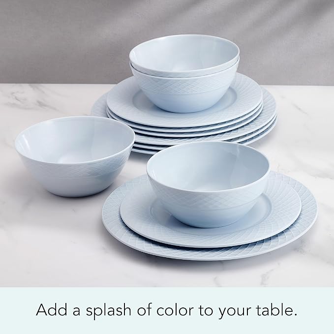 Mikasa Trellis Pastel Bone China Lightweight Chip Resistant 12 Piece Dinnerware Set Service for 4 Misty Blue