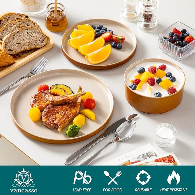 vancasso ONION Ceramic Plates and Bowls Sets 24 Pieces Grey Dinnerware Sets for Kitchen Reactive Glaze Dishes Set for 8 Dishwasher and Microwave Safe