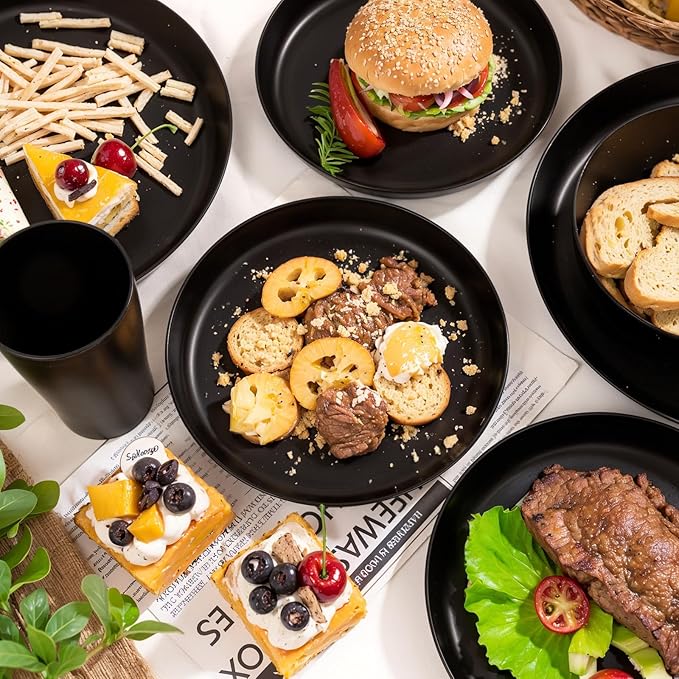 EI 24pcs Black Wheat Straw PlatesWheat Straw Dinnerware SetPlates and Bowls SetsReuasble PlateUnbreakable Dinner Plate Heavy Duty Plastic for Picnic Outdoor Activities Dormitory Kitchen
