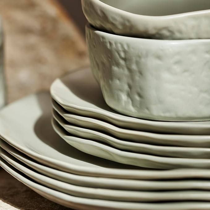 Stone by Mercer Project Atik Modern Stoneware 32-Piece Dinnerware Set Plate and Bowl Set Dish set for 8 Sage-Grey