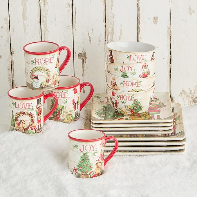 Nutcracker Parade Christmas 16 pc Dinnerware Set Service for 4 – Vintage Holiday Plates Mugs &amp Bowls – Santa Nutcracker Reindeer Art – Festive Tableware Service for 4