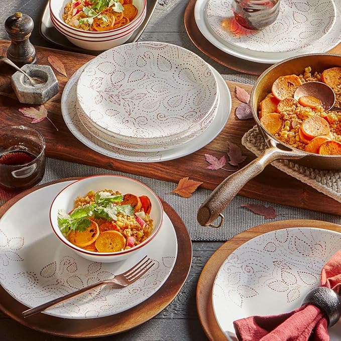 Corelle Leaf Stitch 12-Piece Dinnerware Set Service for 4 red