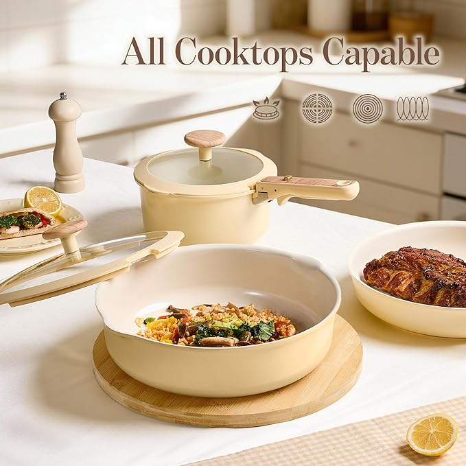 CAROTE 18 Pcs Ceramic Cookware Set Detachable Handle Non Toxic Pots and Pans Set Non Stick Induction Kitchen Cookware Removable Handles Oven Safe Stackable RV/Camping Cooking Set Yellow