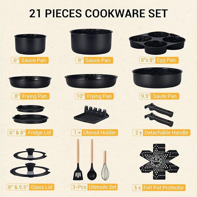 Ammeloo 21-Piece Ceramic Pots and Pans Set Non Stick with Detachable Handles and Egg Frying Pan Non-Toxic Cookware Induction Ready Oven Safe Stackable for Storage Black Speckled