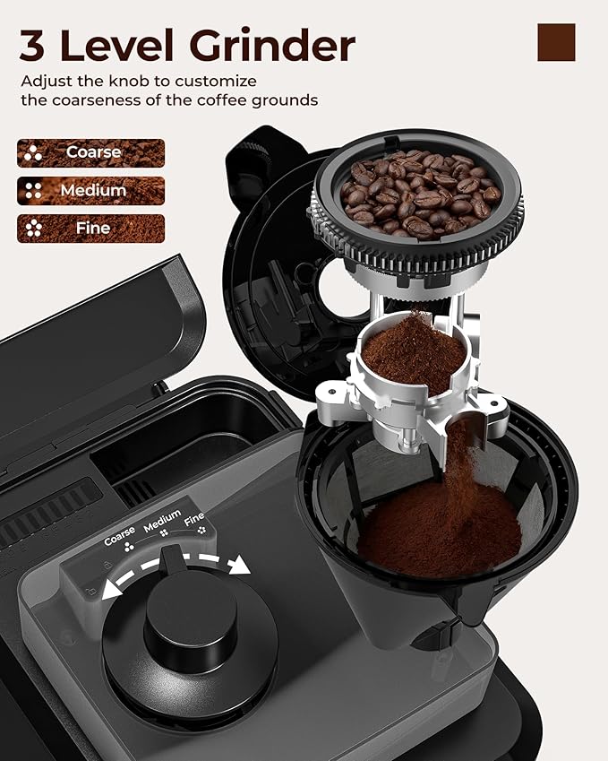 10 Cup Coffee Maker with Grinder Built in Automatic Grind and Brew Coffee Machine with Glass carafe Reusable Filter Auto shut off Warming plate for Home Offices or Large Families Black