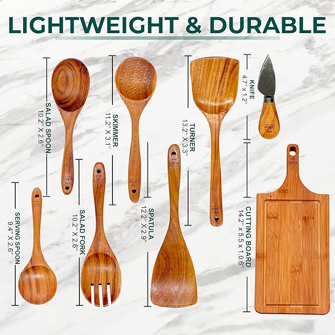 Teak Wooden Cooking Spoons Set -8-Piece Nonstick Cookware - Handmade Wooden Teak-Bamboo Charcuterie Board With Knife - Wooden Kitchen Utensils Ideal Gift Set For WeedingBirthday