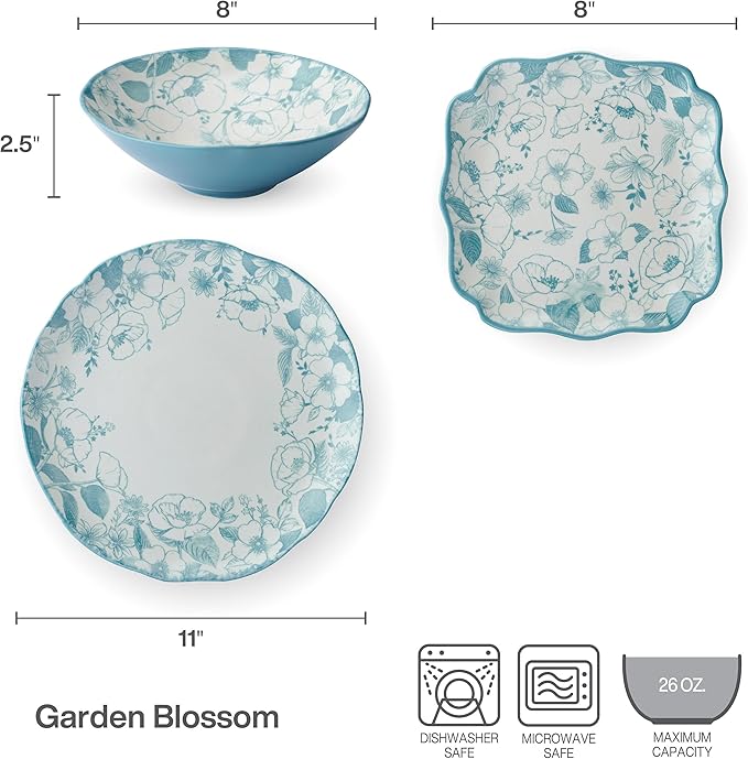 Pfaltzgraff Garden Blossom Floral 12 Piece Plate Bowl Dinnerware Set Blue