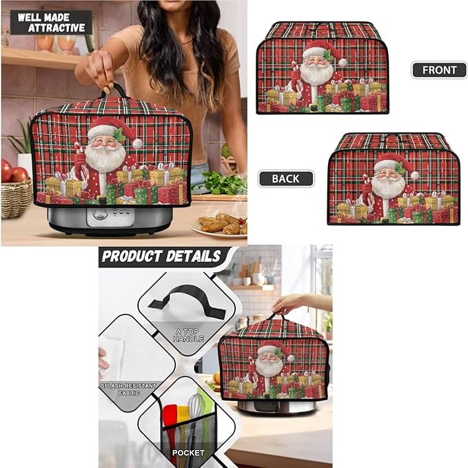 Santa Plaid Pattern Toaster Covers 4 Slice Wide Slot3Pcs Set Christmas Bread Machine Cover Slow Cookers Cover Blender Covers with Top Handle and Accessories Pocket Counter Decor (Red)