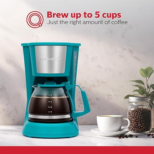 Holstein Housewares 5 Cup Drip Coffee Maker – Compact and User-Friendly with Auto Pause &amp Serve Reusable Filter Measuring Spoon &amp Glass Carafe Office &amp Dorm Use Teal