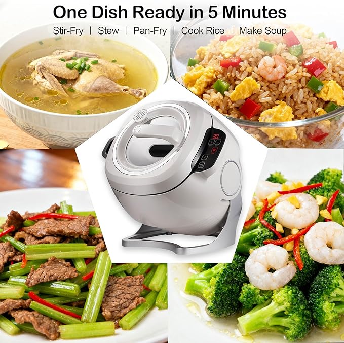 Electric Self Stirring Pot Automatic Cooking Machine 1000W 6L Automatic Pot Stirrer for Cooking 360° Rotating Stir Fry Machine Multi-Function Kitchen Robot for Stewing &amp Frying (White)