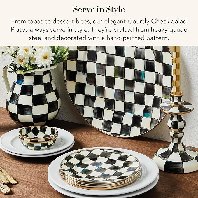 MACKENZIE-CHILDS Enamel Salad and Dessert Plate Small Plate for a Dessert or Appetizer Dish 8 Inches Set of 4 Black-and-White Courtly Check