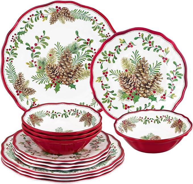 UPware 12 Piece Pinecones Melamine Dinnerware Sets Outdoor Dishes Set Plates and Bowls Sets Christmas Decorations Service for 4 Red