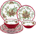 UPware 12 Piece Pinecones Melamine Dinnerware Sets Outdoor Dishes Set Plates and Bowls Sets Christmas Decorations Service for 4 Red