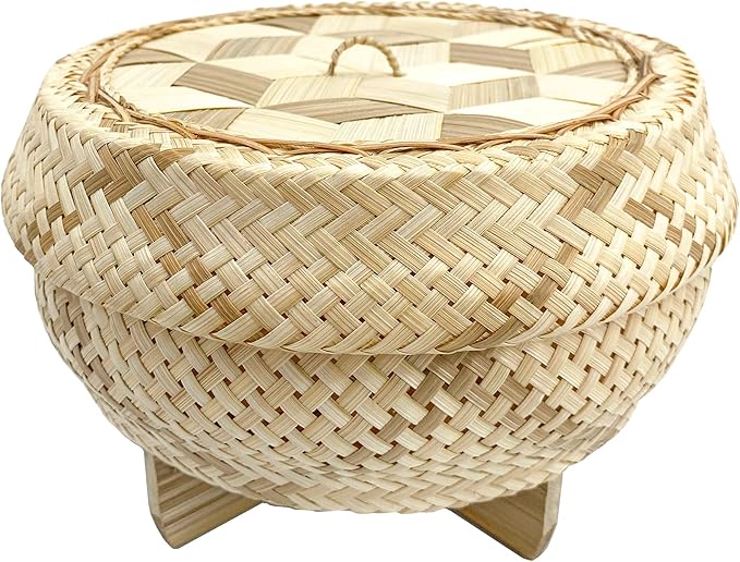 Handmade 100% Natural Thai Bamboo Sticky Rice “Electric Cooker Steamer Set” Small Pot Insert ~ 6.5 Inch Checkered Wicker Woven Lid 16’’ Cheesecloth Filter and Wooden Spoon