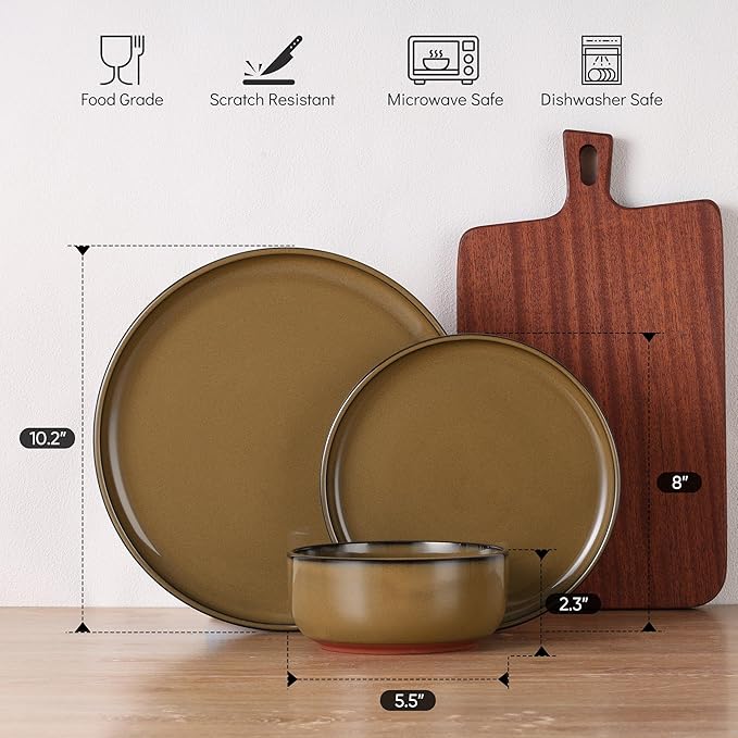 E-far Stoneware Dinnerware Sets for 8 24 Pieces Reactive Glaze Plates and Bowls Sets Elegant Dishes with Rustic Terracotta Clay Base Dishwasher &amp Microwave Safe Scratch Resistant Desert Camel